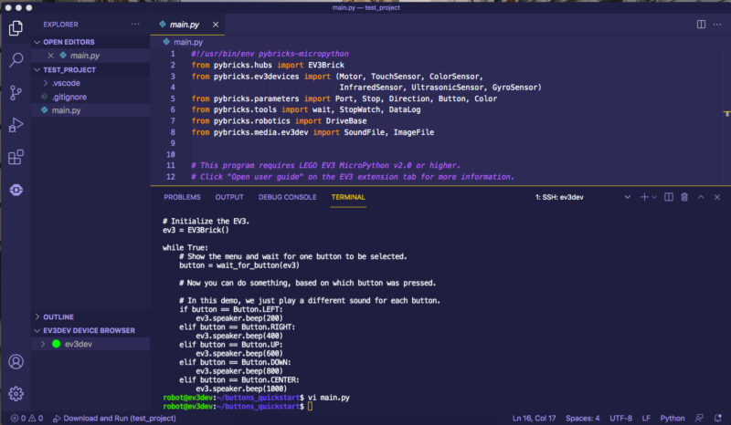 screen cap from VS code showing Python code for EV3