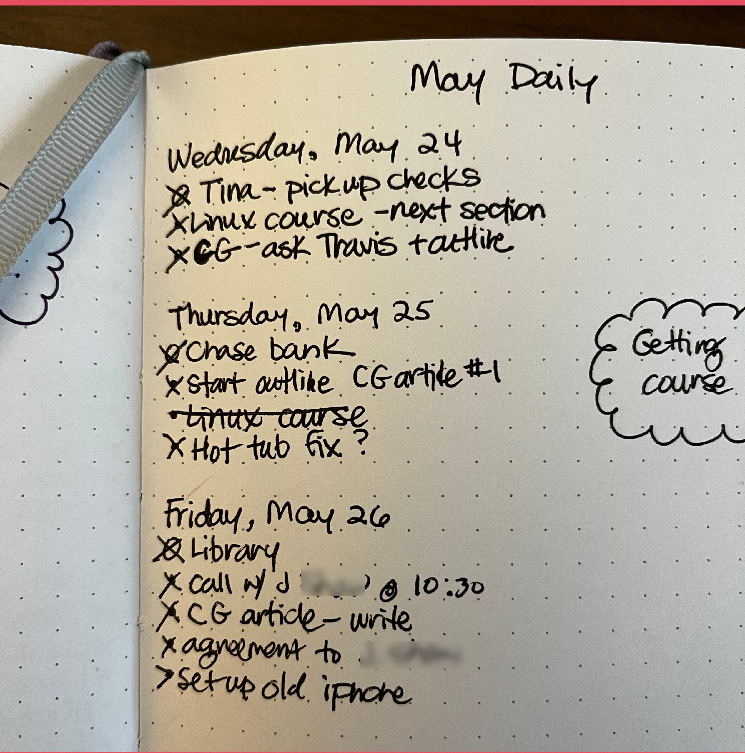 a page from a bullet journal showing a handwritten list of tasks